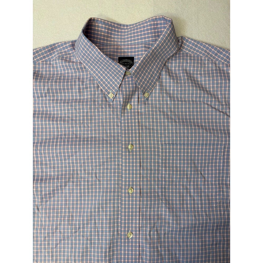 Brooks Brothers Non-Iron Stretch Shirt 19-36/37 Blue Pink Tattersall Supima